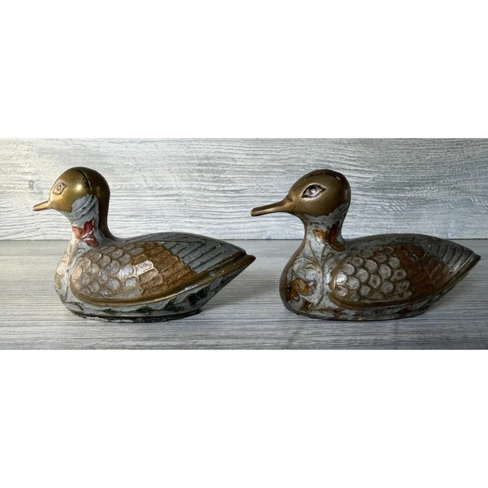 Vintage Pair Brass Enamel Duck Figurine Small Paperweight Patina & Wear 1970's